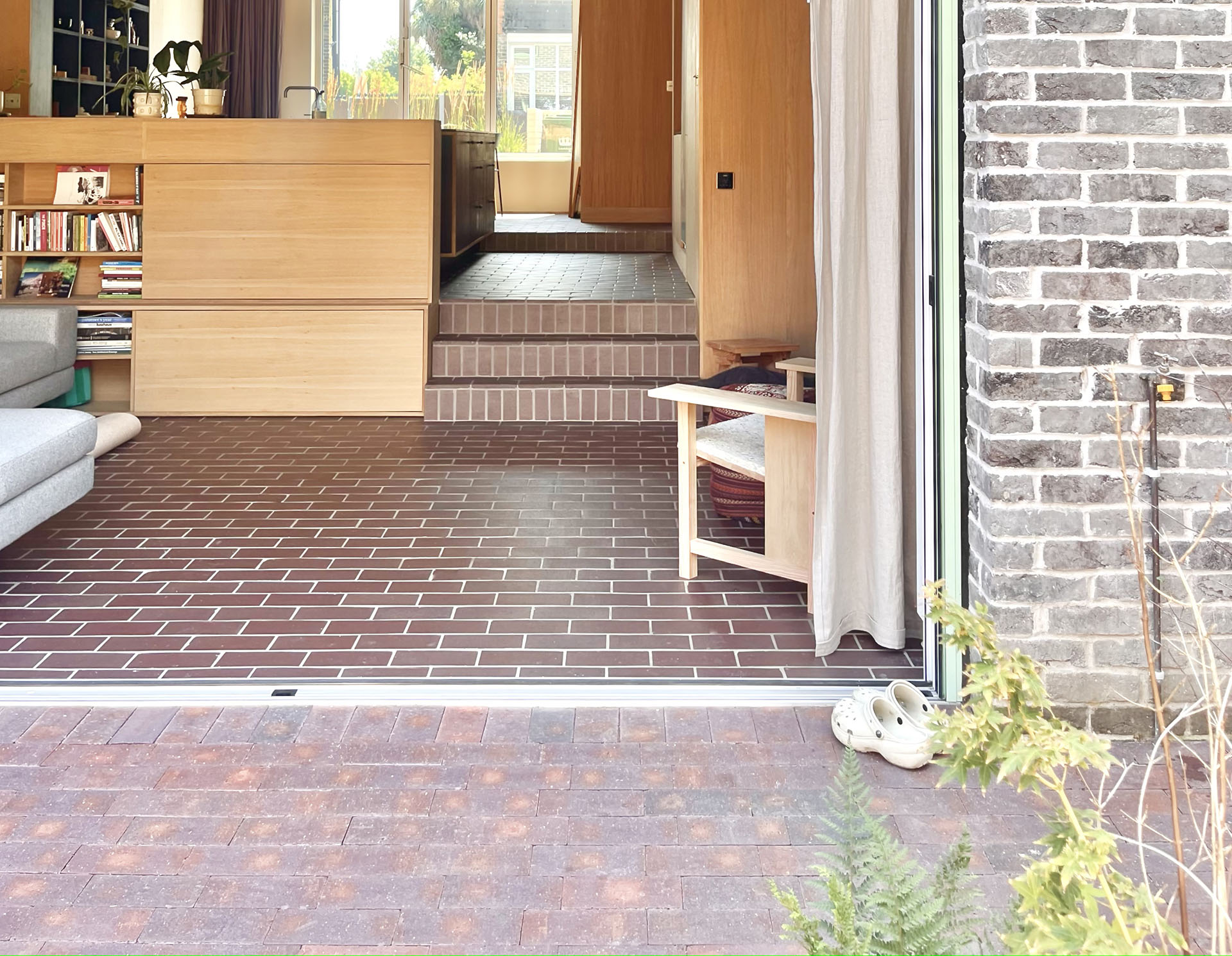 Bricolage Self build project by Will Howard using brown brindle quarry tiles and pavers