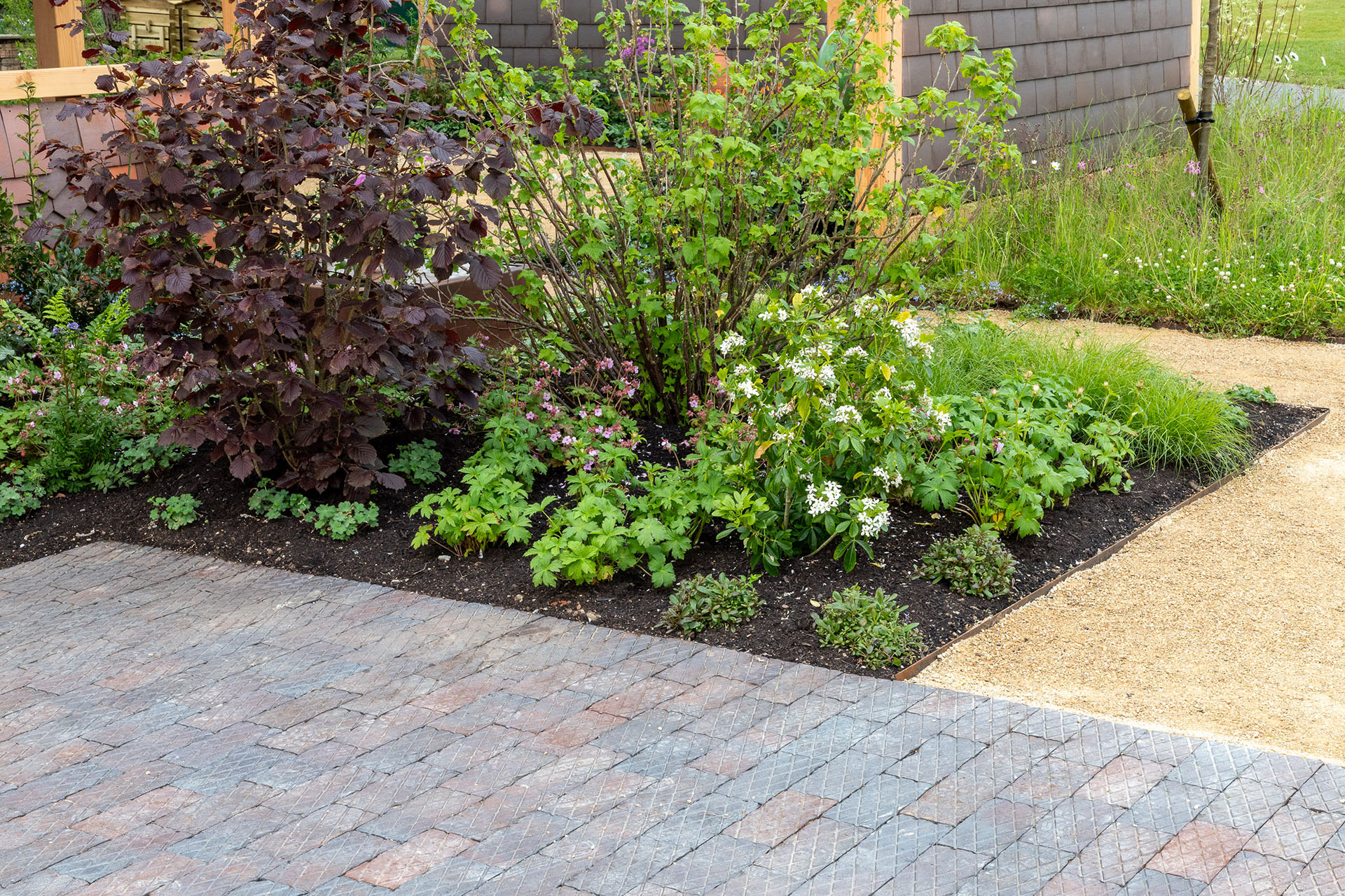 a terrace of blue multi diamond chequer pavers at RHS Malvern