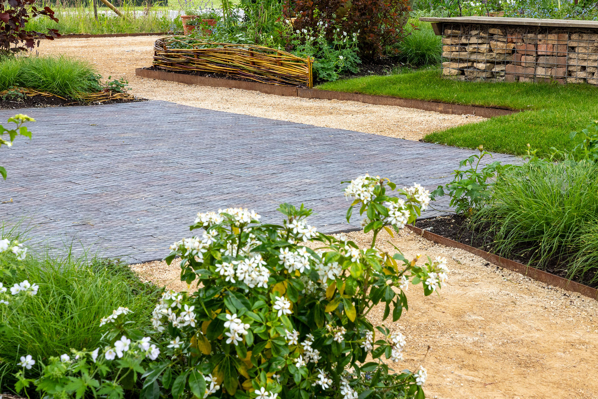 blue multi diamond chequer pavers at RHS Malvern